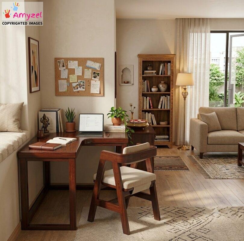 Sheesham wood L-shaped study table with chair in home office