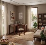 Wooden L-shaped study table in a cozy home office corner