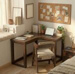 walnut stain wooden L-shaped study table in bedroom corner