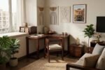 Sheesham wood L-shaped study table with chair in living room