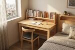 Wooden study table with integrated bookshelf and storage