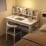 Side view of solid wood study table with bookshelf