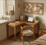 Solid Sheesham wood L-shaped study table with upholstered chair in honey stain