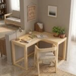 Solid Mango wood L-shaped study table with upholstered chair in pine finish