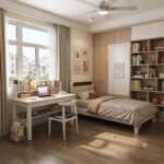 Wooden study desk with bookshelf for home office and study