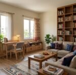 study table with chair set setup in a room with bookshelf and sofa set