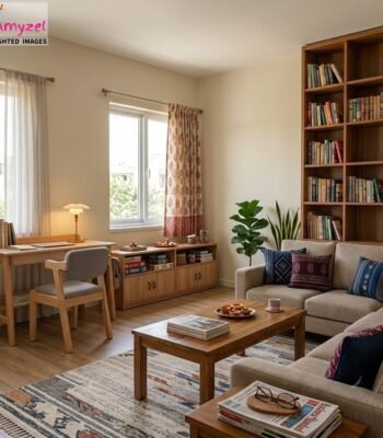 study table with chair set setup in a room with bookshelf and sofa set