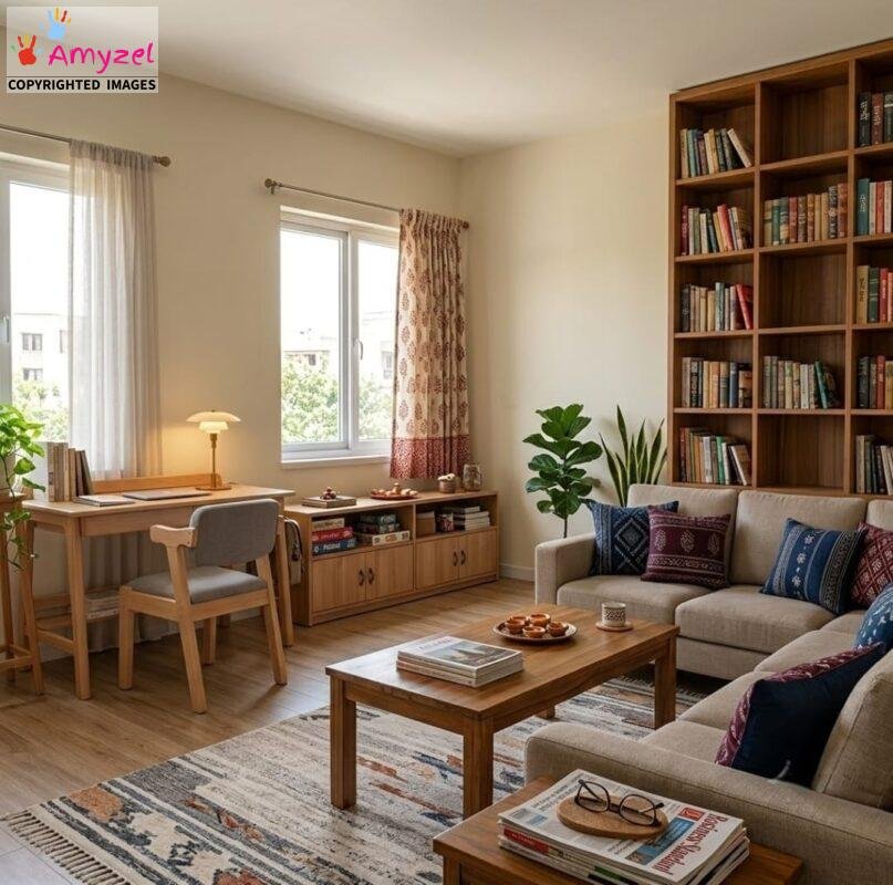 study table with chair set setup in a room with bookshelf and sofa set