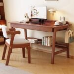 walnut-stained wooden study table and matching chair