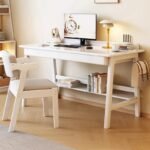 wooden study table and matching chair in white color