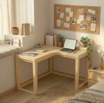 Solid Mango wood L-shaped study table with upholstered chair in bedroom in pine finish