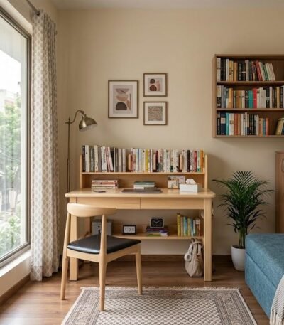 study table with bookshelf and chair for home in pine finish
